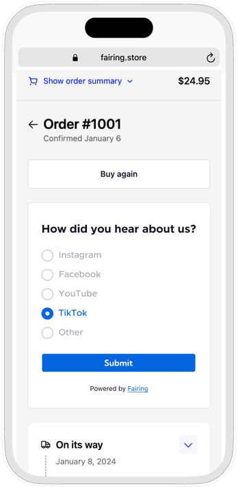 phone mockup showing Fairing attribution 
            surveys on the order confirmation page